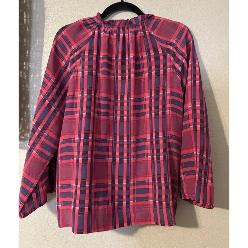 BCBGMAXAZRIA Top Blouse Shirt M Medium SILK Blue Berry Red Plaid Ruffle Trim